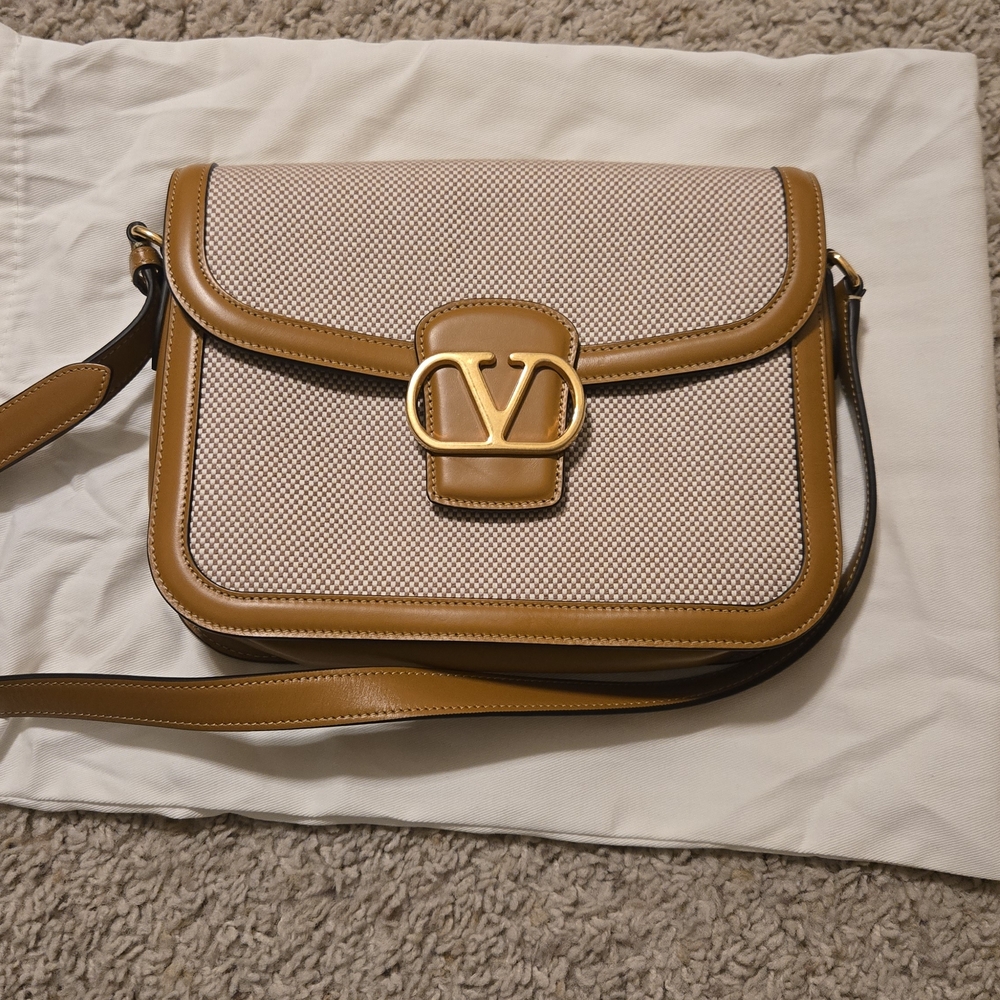Valentino Canvas and Tan Leather Crossbody Bag with Gold Hardware